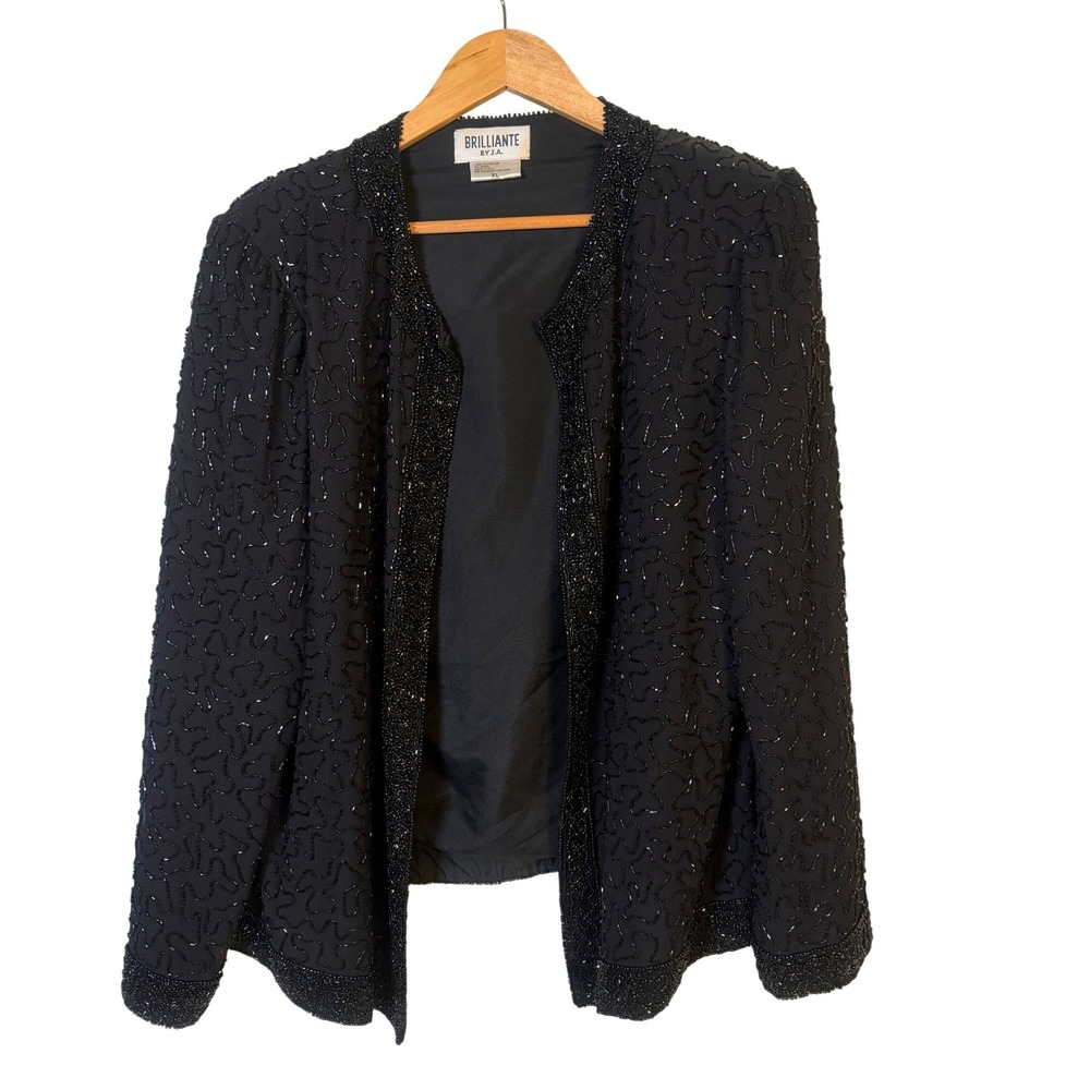 Brilliante Beaded Jacket Womens XL Black Excellent Open Front Evening Bolero